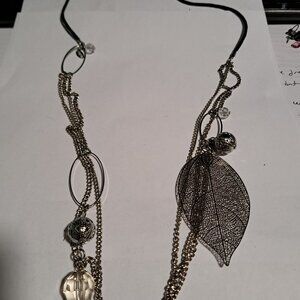 LBVYR extra long multistrand necklace with large metal leaf decoration and beads